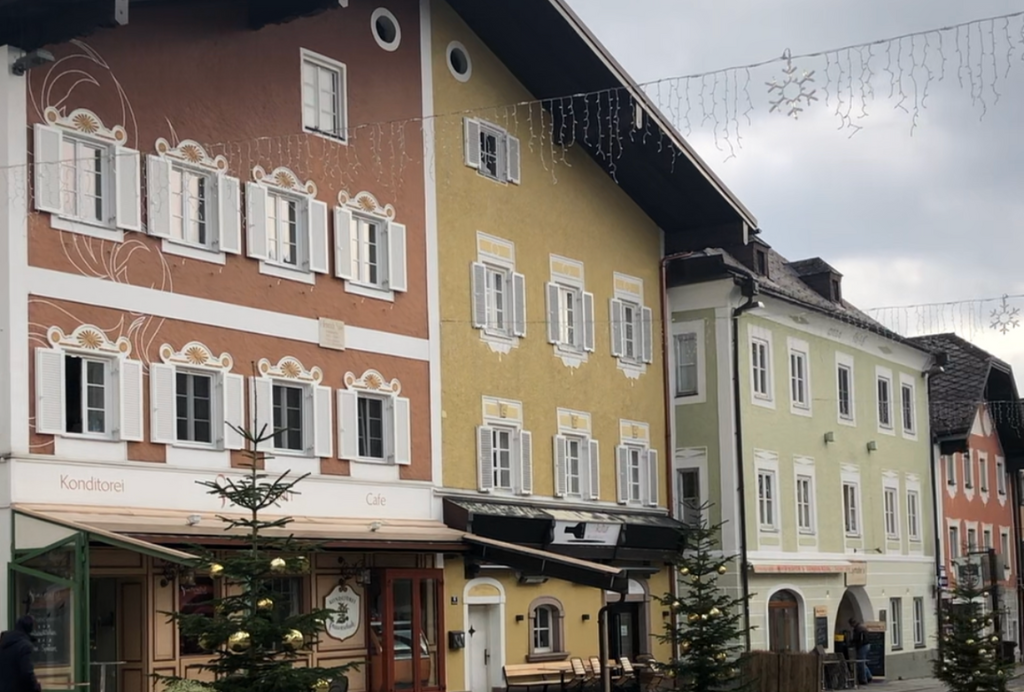 The colorful buildings in Mondsee, Austria, a filming location for The Sound of Music movie.
